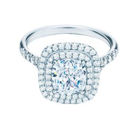 蒂芙尼订婚钻戒铂金镶钻戒圈，双层珠链式边镶钻石环绕枕形切割主钻订婚钻戒戒指