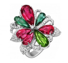 ENZO HIGH JEWELRY 高级珠宝系列18K白金镶红绿碧玺和钻石戒指戒指