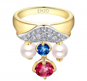 ENZO设计师系列TUILERIES BY OMAR OMAR杜乐丽花园 18K金镶珍珠红碧玺及伦敦蓝托帕石戒指戒指