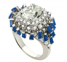 宝格丽铂金镶嵌蓝宝石密镶钻石戒指 戒指